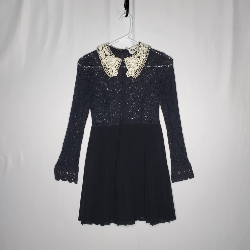 Sabo Skirt Sheer Lace Mini Dress 6 Peter Pan Collar Pleated Wednesday Romantic
